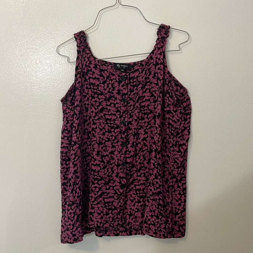 Lily Morgan Large black with pink flowers faux button down shirt tank top